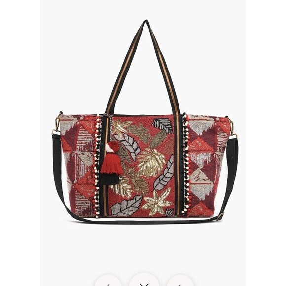 American And Beyond EMBELLISHED TOTE WITH POUCH  RED FLORAL Boho Beaded Duffle - Picture 1 of 6